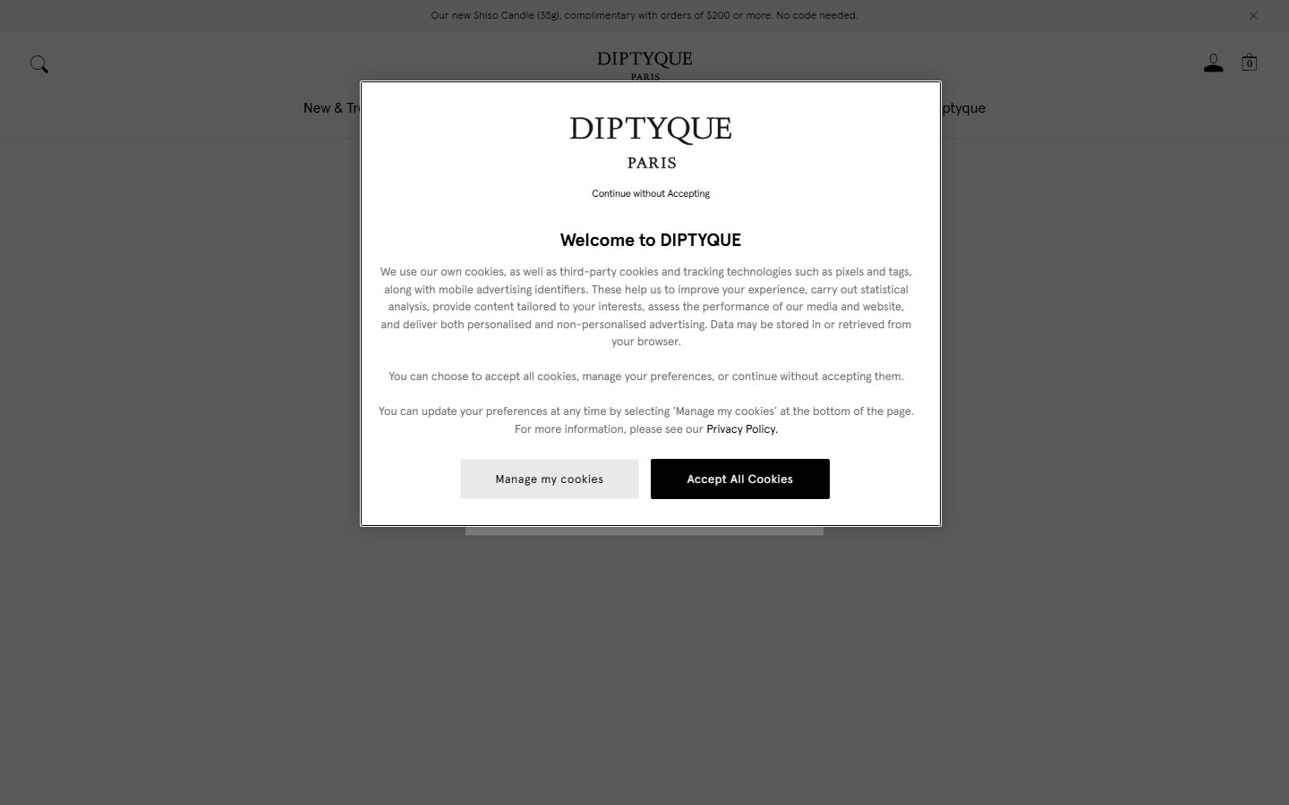 Diptyque Cart â€” 'Choose your complimentary sample(s)' module visible before checkout